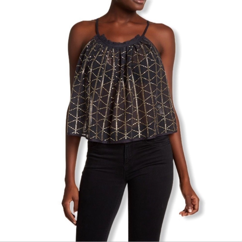 Free People Atlantis Embellished Tank Top Size S Gold Mesh Sheer‎ Festival Boho